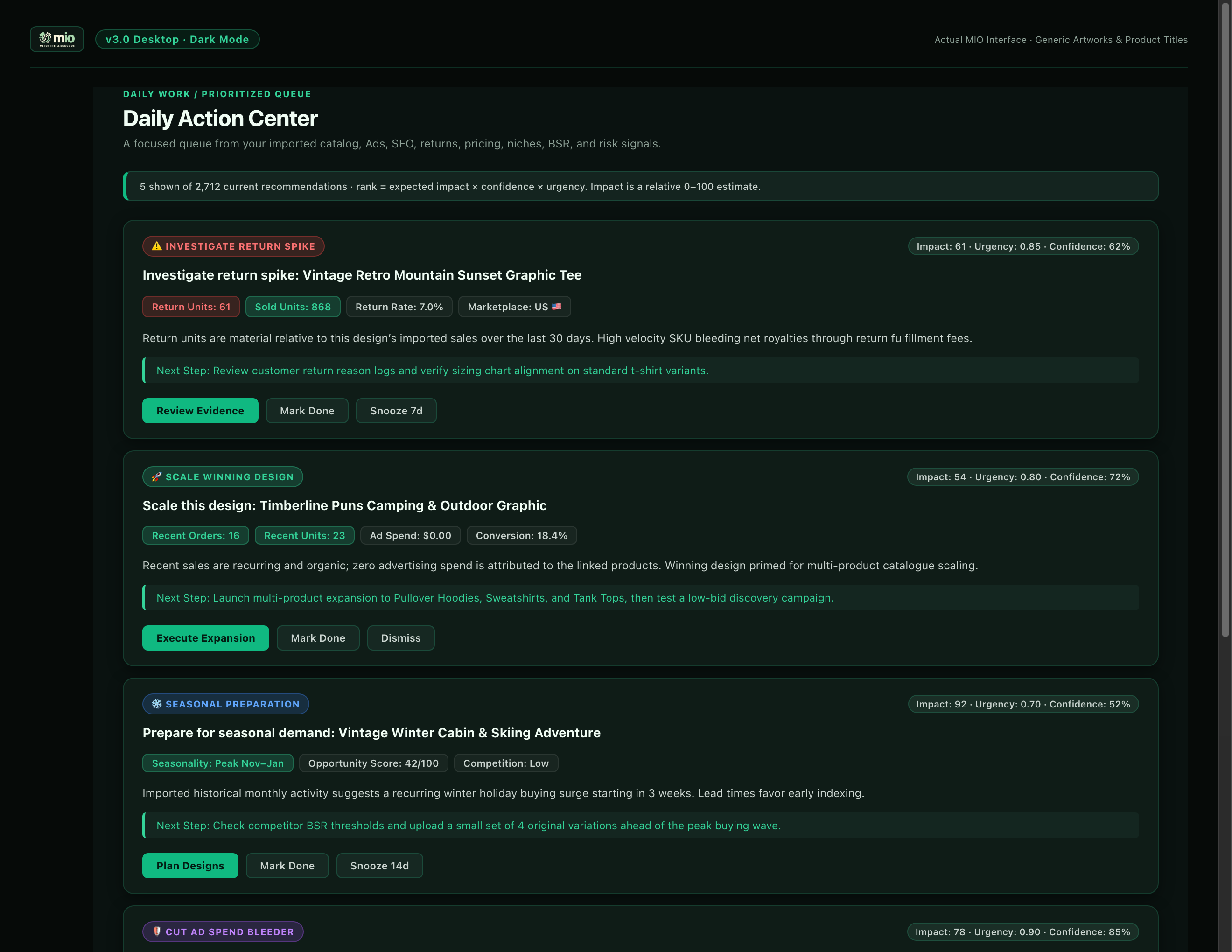 Daily Action Center in MerchOS with prioritized daily actions