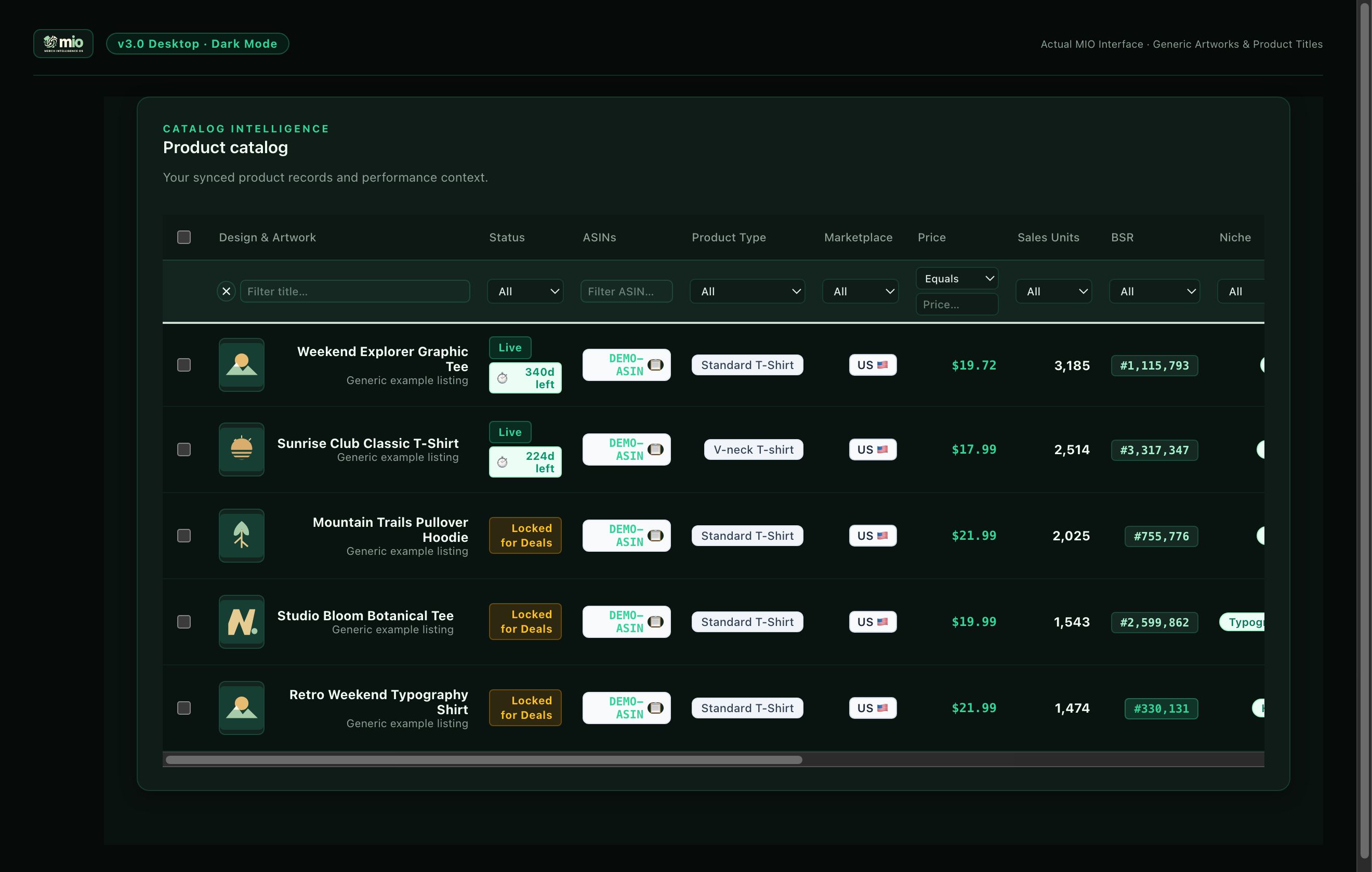 Product Catalog in MerchOS with loaded products, live BSR, and sales units